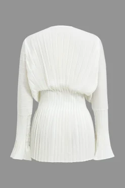 Pleated Bell Sleeve V-Neck Mini Dress