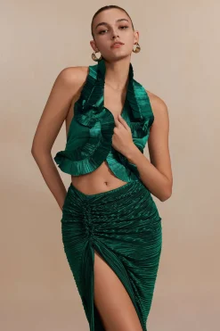 Pleated Halter Backless Top And Split Midi Skirt Set