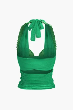 Pleated Mesh Halter Tank Top