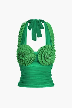 Pleated Mesh Halter Tank Top