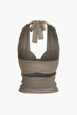 Pleated Mesh Halter Tank Top