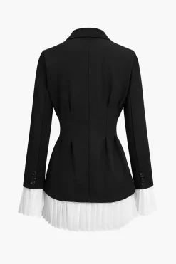 Pleated Patchwork Long Sleeve V-Neck Mini Dress