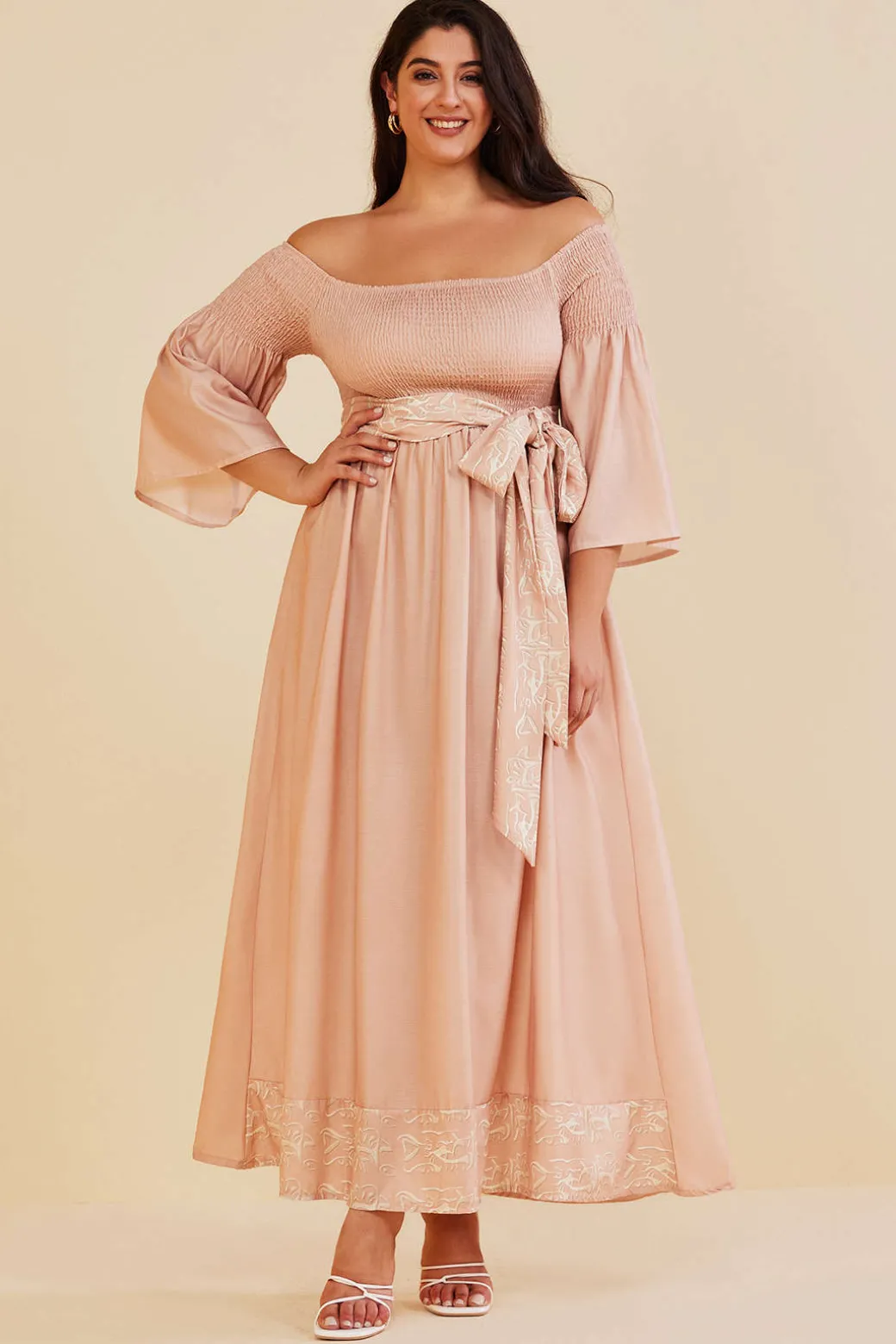 Plus Size Off Shoulder Smocked Maxi Dress With Belt