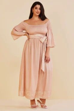Plus Size Off Shoulder Smocked Maxi Dress With Belt