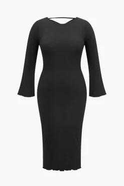 Plus Size Solid Knit Backless Tie Back Midi Dress