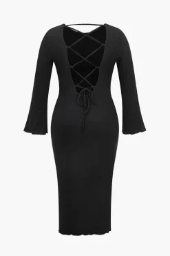 Plus Size Solid Knit Backless Tie Back Midi Dress