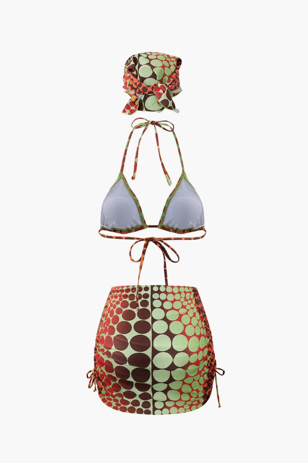 Polka Dot Bikini With Headscarf And Sarong Set