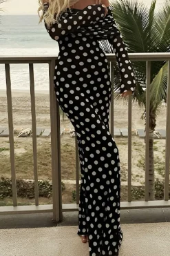 Polka Dot Print Off Shoulder Maxi Dress