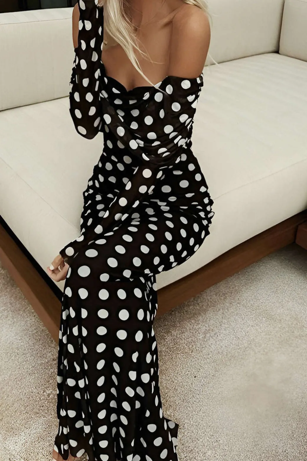 Polka Dot Print Off Shoulder Maxi Dress