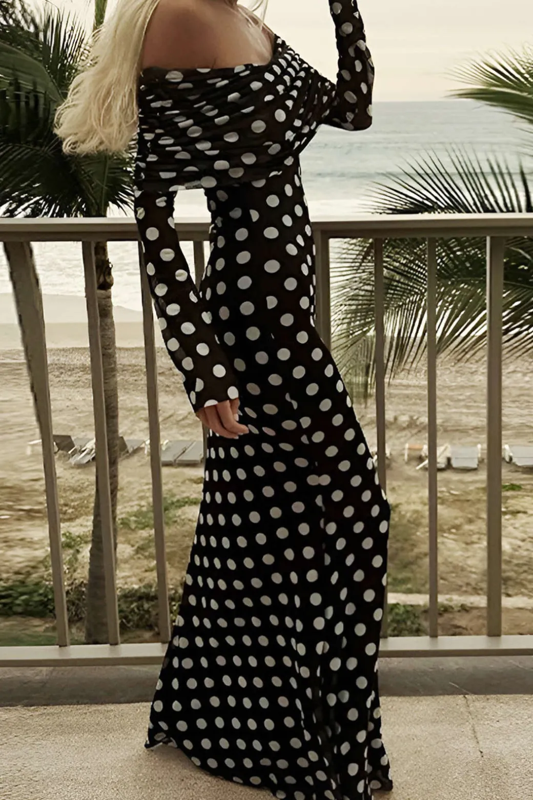 Polka Dot Print Off Shoulder Maxi Dress