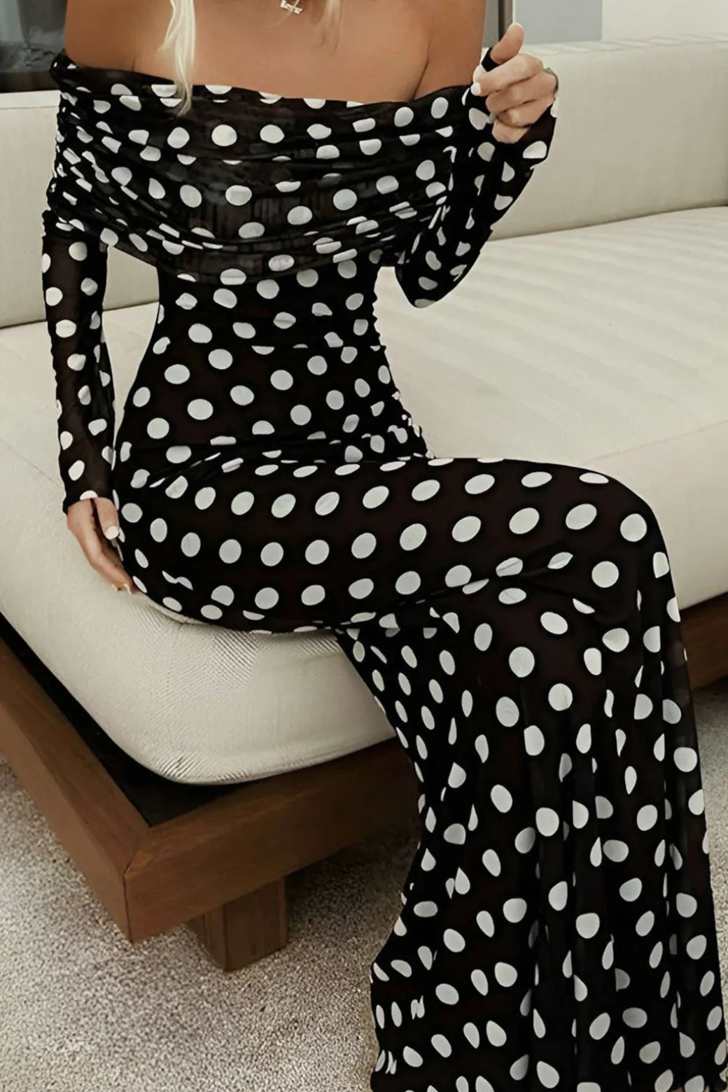 Polka Dot Print Off Shoulder Maxi Dress