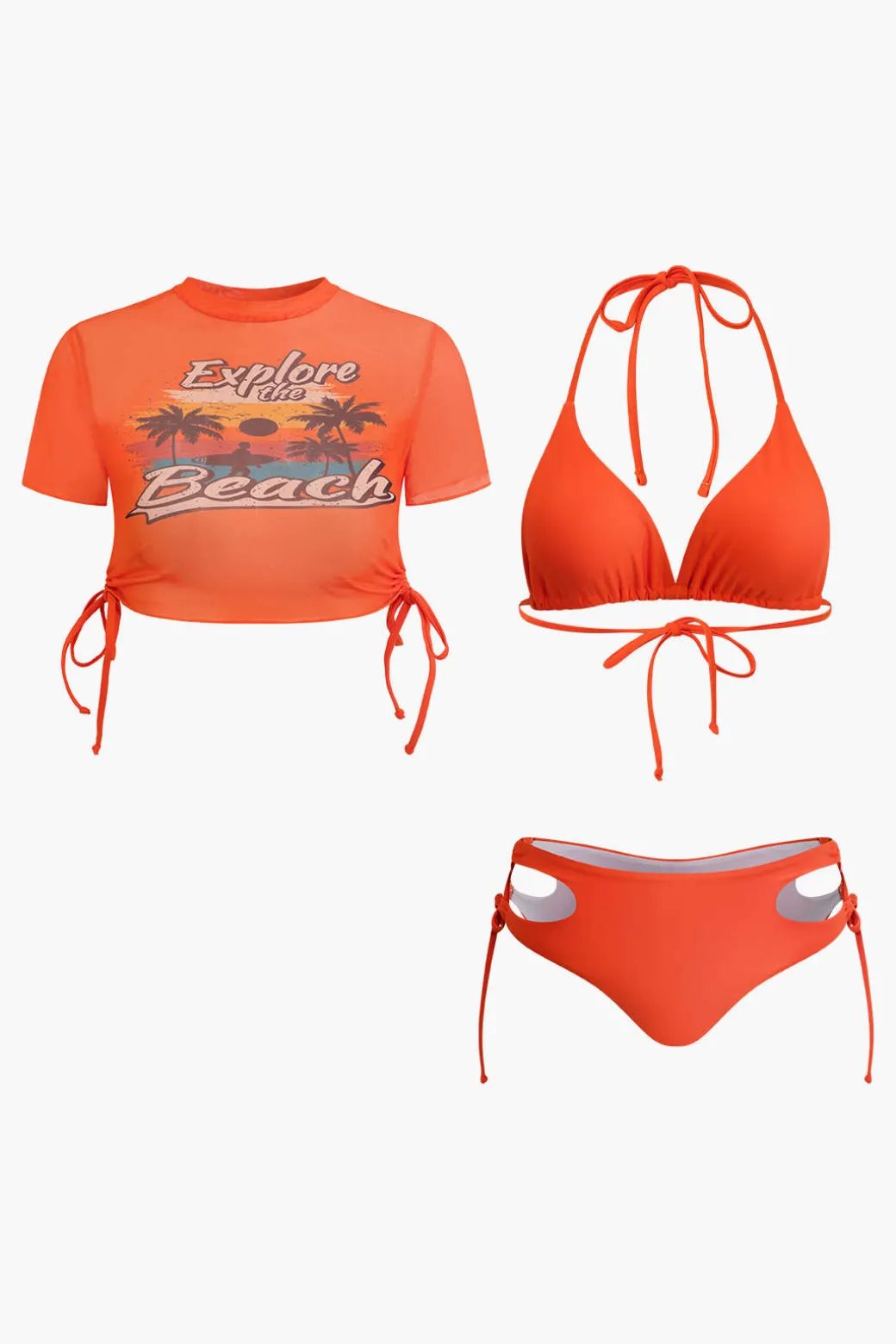 Print T-shirt And Tie Halter Bikini Set