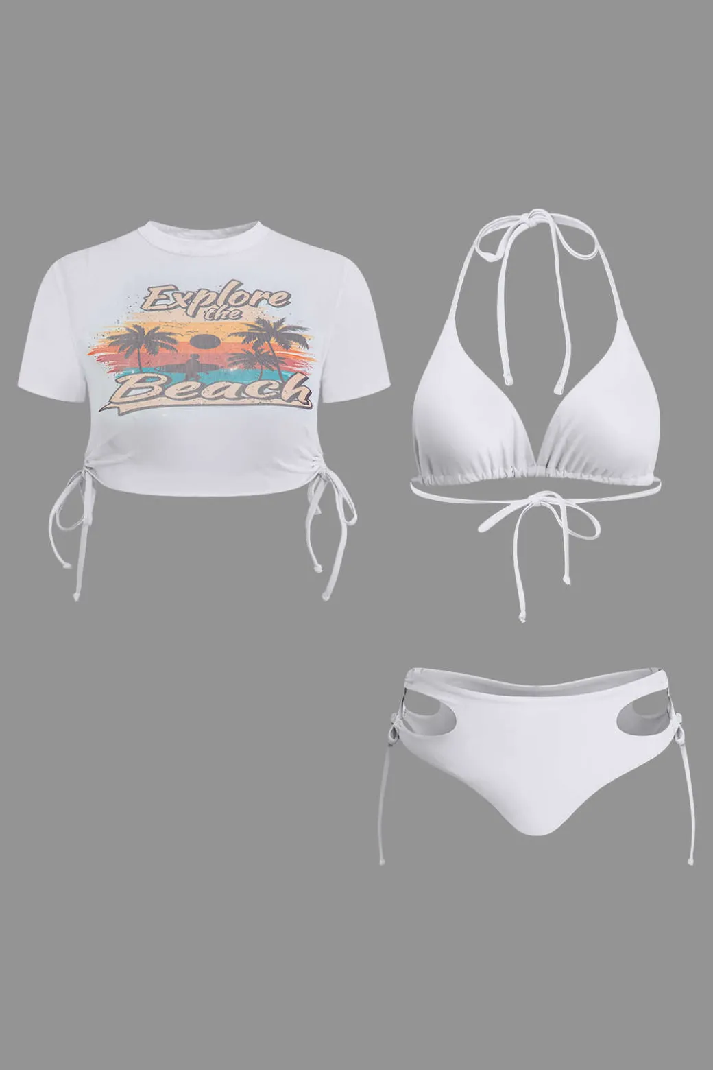Print T-shirt And Tie Halter Bikini Set