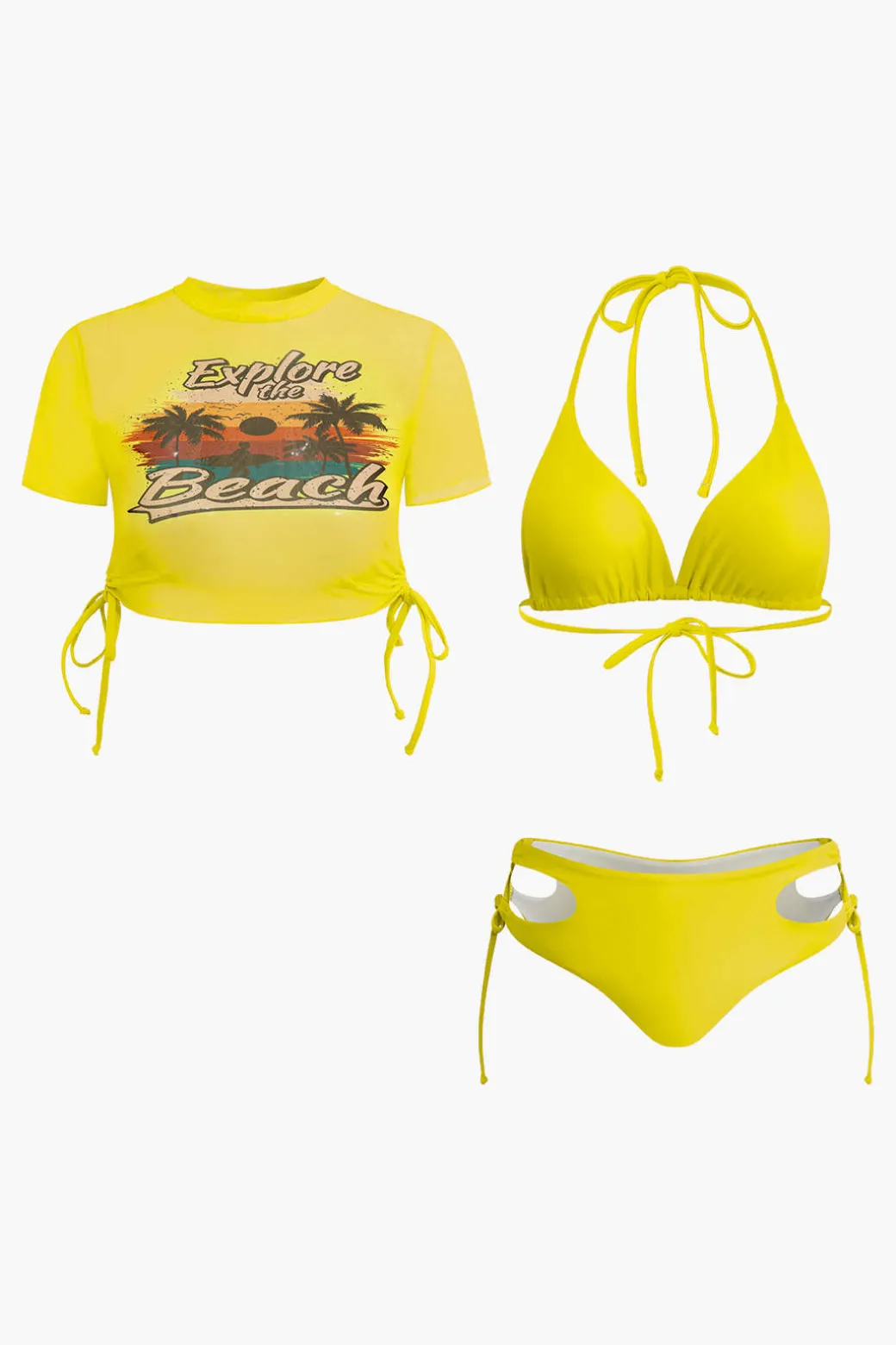 Print T-shirt And Tie Halter Bikini Set