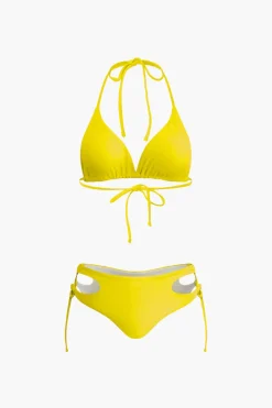 Print T-shirt And Tie Halter Bikini Set
