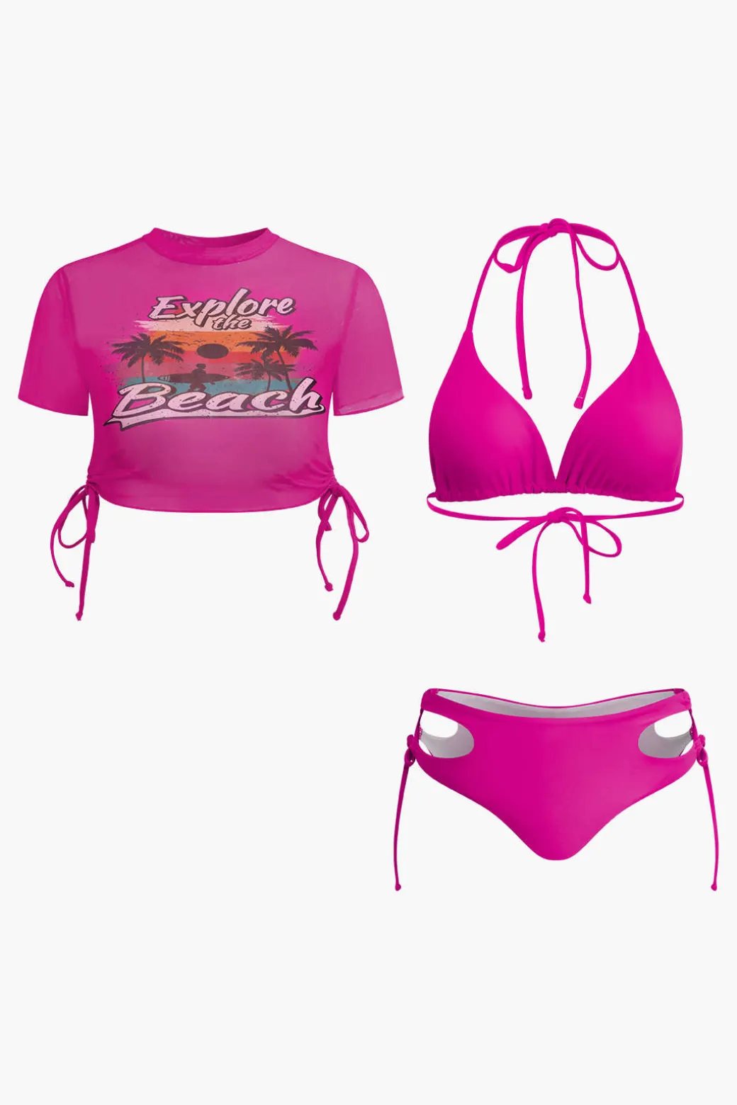 Print T-shirt And Tie Halter Bikini Set
