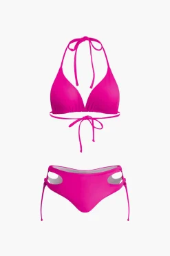 Print T-shirt And Tie Halter Bikini Set
