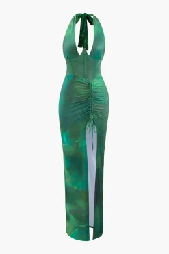 Printed Halter Corset Drawstring Slit Midi Dress