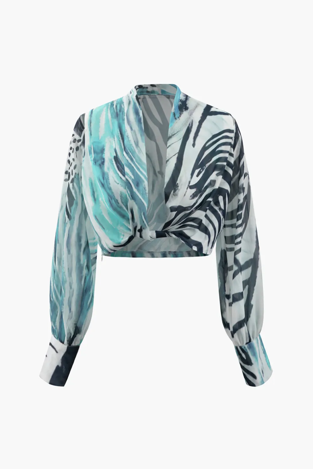 Printed Lantern Sleeve Twist Hem Shirt And Asymmetric Fringe Skirt Set