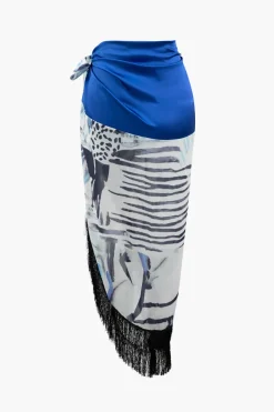 Printed Lantern Sleeve Twist Hem Shirt And Asymmetric Fringe Skirt Set