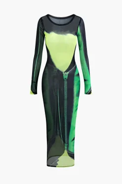 Printed Round Neck Mesh Maxi Dress