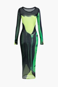 Printed Round Neck Mesh Maxi Dress