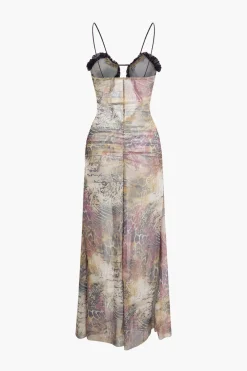 Printed Ruffle Cut Out Mesh Slit Slip Maxi Dress