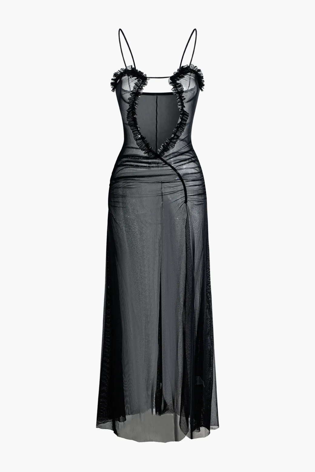 Printed Ruffle Cut Out Mesh Slit Slip Maxi Dress