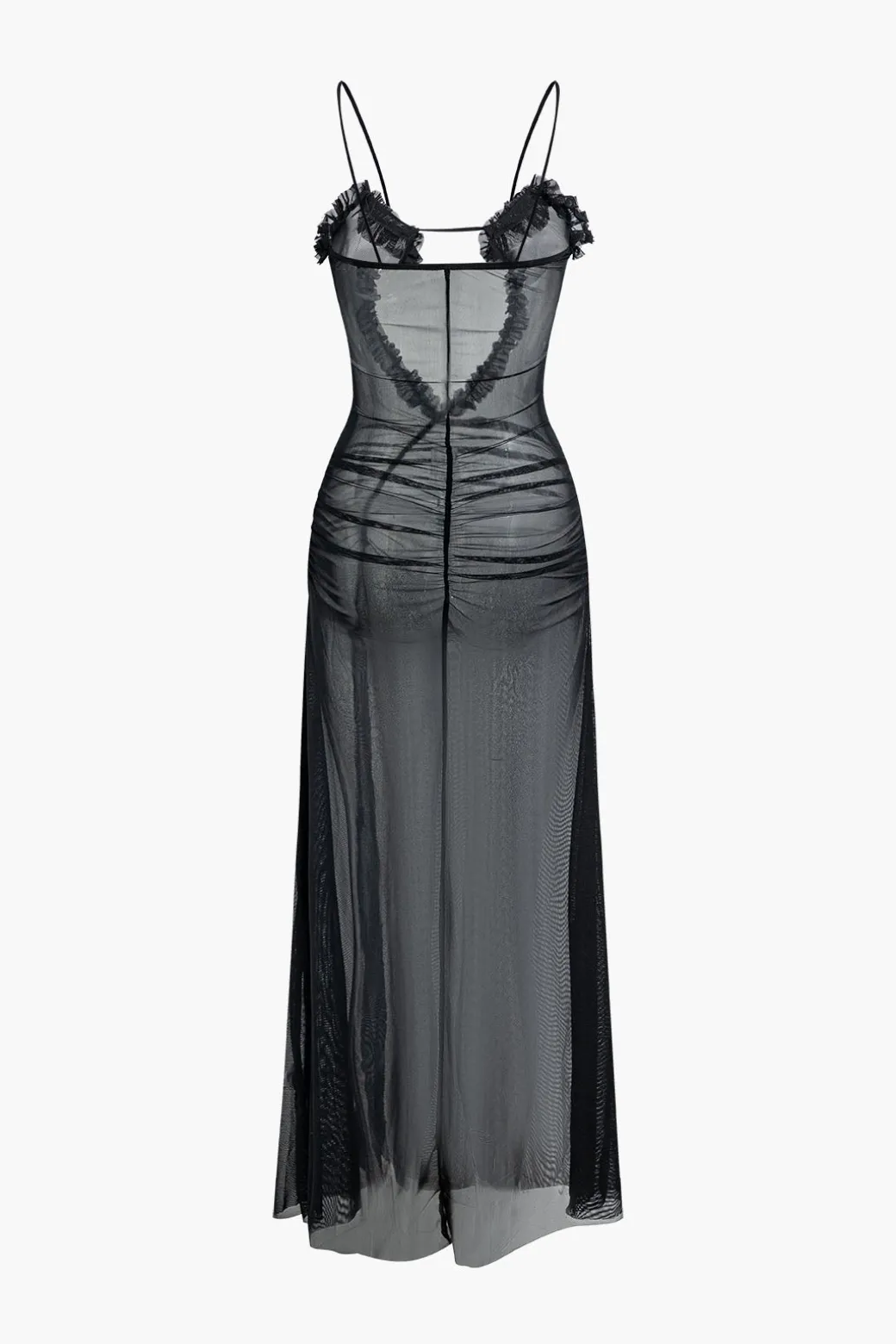 Printed Ruffle Cut Out Mesh Slit Slip Maxi Dress