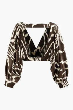Printed V-neck Back Cut Out Crop Blouse