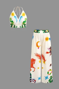 Printed V-Neck Halter Backless Crop Top and Wide Leg Pants Set