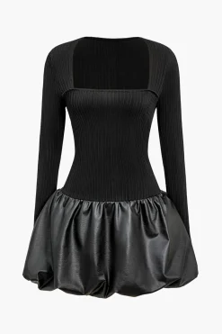 PU Patchwork Ruched Square Neck Mini Dress