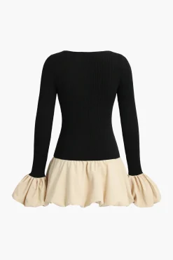 Puff Sleeve Patchwork Long Sleeve Mini Dress