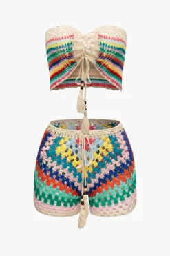 Rainbow Crochet Tie Front Tube Top And Shorts Set