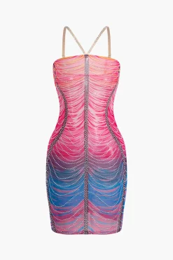 Rainbow Striped Rhinestone Bodycon Mini Dress