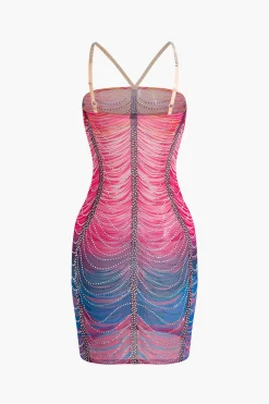 Rainbow Striped Rhinestone Bodycon Mini Dress