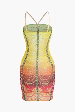 Rainbow Striped Rhinestone Bodycon Mini Dress