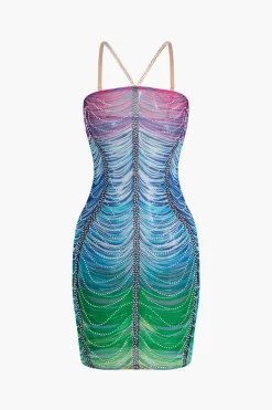 Rainbow Striped Rhinestone Bodycon Mini Dress