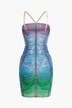Rainbow Striped Rhinestone Bodycon Mini Dress
