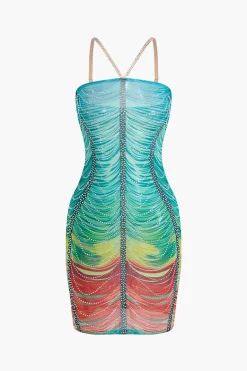 Rainbow Striped Rhinestone Bodycon Mini Dress