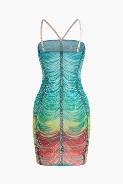 Rainbow Striped Rhinestone Bodycon Mini Dress