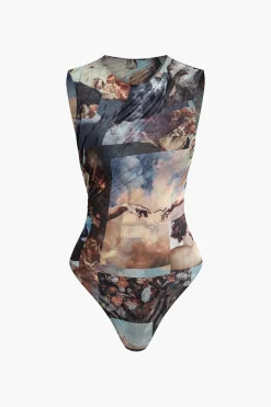 Renaissance Print Sleeveless Mesh Bodysuit