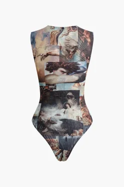 Renaissance Print Sleeveless Mesh Bodysuit