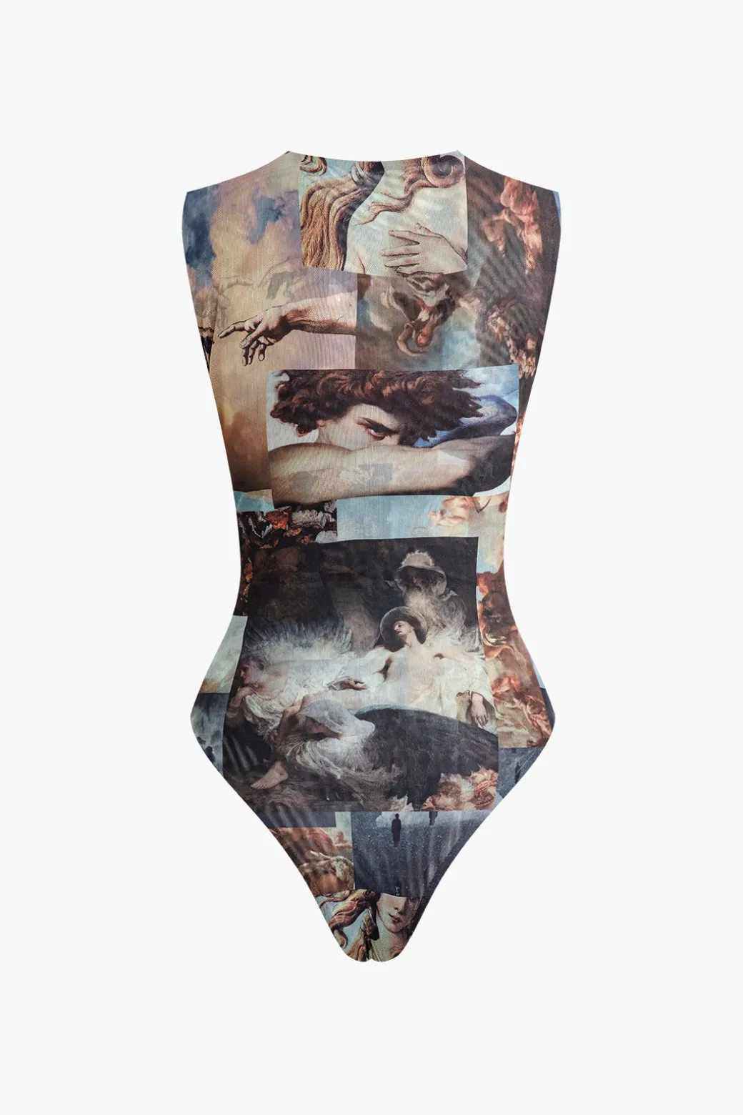 Renaissance Print Sleeveless Mesh Bodysuit