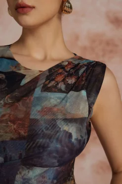 Renaissance Print Sleeveless Mesh Bodysuit