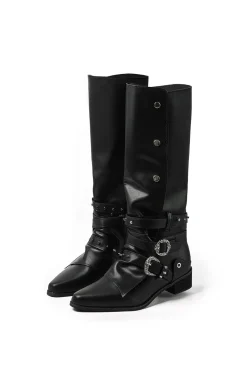 Retro Faux Leather Studded Pointed Toe Knee High Boots