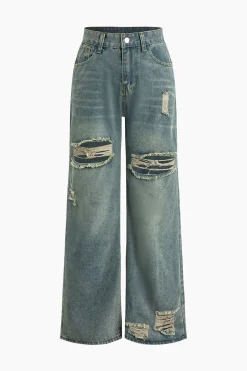 Retro Print Washed Ripped Asymmetrical Jeans