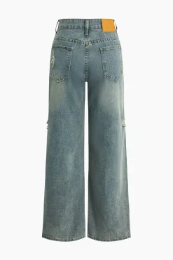 Retro Print Washed Ripped Asymmetrical Jeans