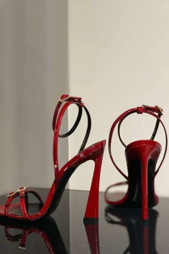 Rhinestone Embellished Artificial Patent Leather Cross Strap Open Toe High Heels