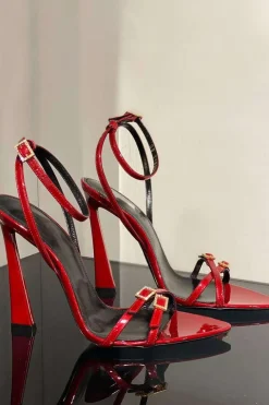 Rhinestone Embellished Artificial Patent Leather Cross Strap Open Toe High Heels